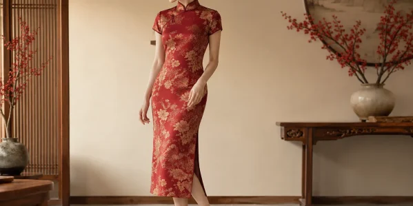 Traditional burgundy gold floral jacquard cheongsam with nude low heel Mary Jane shoes for Chinese festive occasions