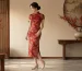 Traditional burgundy gold floral jacquard cheongsam with nude low heel Mary Jane shoes for Chinese festive occasions