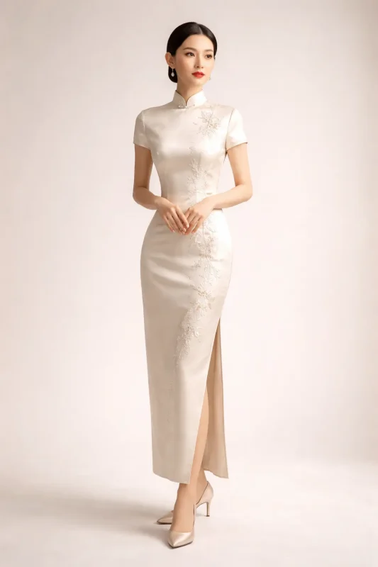 Elegant champagne satin embroidered long cheongsam with pointed toe heels for formal wedding banquet occasions