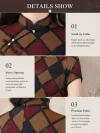 Details of women's vintage checkered cheongsam: elegant stand-up collar with traditional frog buttons, breathable short sleeves, and premium fabric with a rich textured plaid pattern. This showcases the high-quality craftsmanship of this timeless Old Shanghai style qipao.