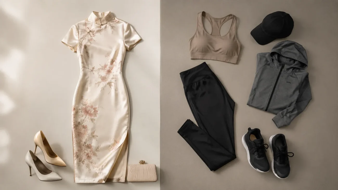 Flat lay comparison of a classic floral cheongsam dress and athletic wear, illustrating when qipao is inappropriate for gym or hiking.