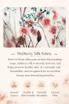 Fabric details infographic for the Chinese silk white floral print qipao dress, explaining the mulberry silk material, smooth texture, and skin-friendly benefits.