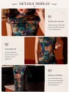 Product details display of the Chinese vintage floral pattern silk qipao dress, showcasing three key design features: the elegant stand-up collar that refines the neckline for a sophisticated look, the 3D tailored fit silhouette that accentuates natural curves to create a slim, elegant figure, and the classic side slit design that allows for ease of movement while maintaining a graceful, feminine charm. This vintage silk qipao highlights the traditional craftsmanship and tailored details of Chinese qipao dresses.