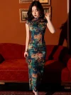 Elegant woman in a Chinese vintage floral silk qipao dress, front view highlighting the traditional mandarin collar, frog closure, and bodycon silhouette against a retro red sofa.
