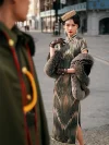 Stylish woman in a dark green brown tone 1930s mulberry silk qipao, wearing a fur shawl and lace gloves, posing in front of a vintage military figure to highlight the dress's retro 1930s charm and tailored fit.