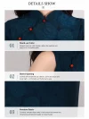 Details of elegant dark green qipao: stand-up collar with red frog buttons, breathable cap sleeves, premium fabric with rose jacquard pattern, high slit cheongsam for women.