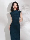 Front view of elegant women's dark green qipao with rose jacquard pattern, cap sleeves, red frog buttons and high slit, model standing against white background.