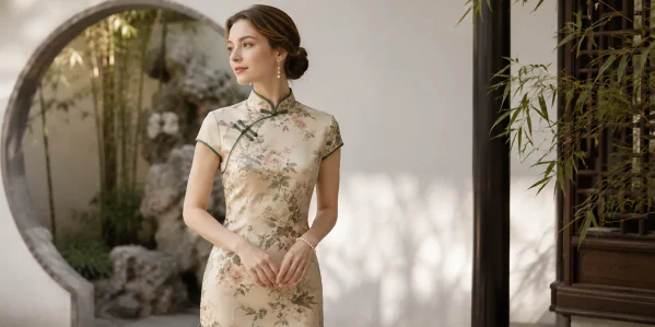 Elegant non-Chinese woman respectfully wearing a cream floral qipao with green trim, posing in a classical Chinese garden with bamboo and moon gate, showcasing cultural appreciation of traditional Chinese fashion.