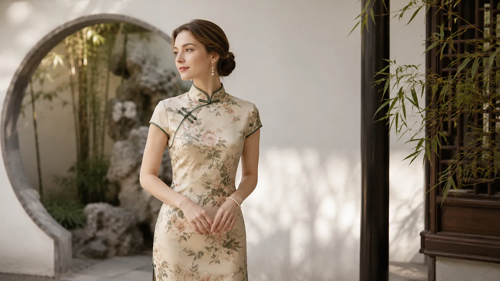 Elegant non-Chinese woman respectfully wearing a cream floral qipao with green trim, posing in a classical Chinese garden with bamboo and moon gate, showcasing cultural appreciation of traditional Chinese fashion.