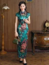 Elegant women's vintage green printed silk qipao with peony print, model holding small green handbag in retro room