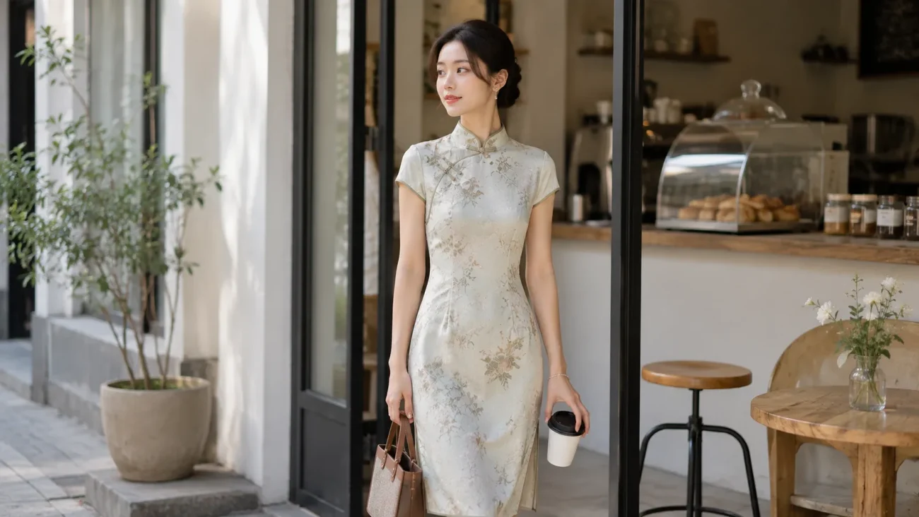 Elegant woman in a breathable modern qipao, holding coffee outside a cafe for low-key social events.