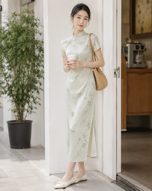 Minimalist white flats, daily commuting shoes to wear with light floral cheongsam