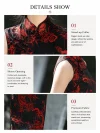 Details of vintage floral sleeveless high cut cheongsam: elegant stand-up collar, breathable sleeveless design, premium black fabric with vivid red dragon and floral print, high slit long qipao.