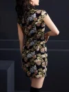 Full back view of a woman wearing a black and gold dragon embroidery short cheongsam dress, showcasing the full dragon wave print on the back, tailored fit, and classic qipao design elements.
