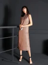 Full-Body View of Modern Chinese Caramel Jacquard Midi Qipao - Sleeveless High Collar Qipao Dress with Side Slit, Female Fashion with White Fan Accessory