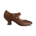 1920s Chinese era replica cheongsam leather shoes, full view of brown mary jane qipao shoes with cutout design