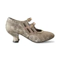 Gold 1920s replica jacquard leather qipao kitten heel shoes, Republic of China vintage mary jane cheongsam shoes with buttoned double straps