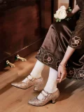Gold Republic of China vintage qipao shoes with brown cheongsam and white socks, 1920s replica jacquard leather kitten heel shoes for traditional wear