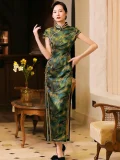 Model in elegant shanghai style qipao dress, retro republican era cheongsam in green and gold leaf print, made of mulberry silk, full-body view in a vintage-style lobby with classic wooden furniture.