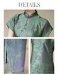 Details collage of women's green modified qipao dress, showcasing traditional purple frog buttons, mandarin collar, and intricate floral 3D cut flower craft fabric on this short sleeve cheongsam