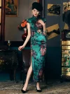 Model wearing a 19 Mome mulberry silk Old Shanghai peony cheongsam with high slit, standing in a retro setting with vintage decor, showing the elegant silhouette of the qipao.