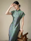 Full view of women's green modified qipao dress, short sleeve cheongsam with purple floral 3D cut flower craft, featuring a traditional mandarin collar and slim fit silhouette for formal occasions