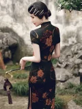 Back view of a woman in a vintage peony cheongsam with a high slit, walking through a traditional garden, highlighting the elegant flow and Old Shanghai-inspired floral print.