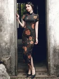 Full-body shot of a woman standing in a traditional doorway, wearing a vintage Old Shanghai peony cheongsam with a high slit, paired with black heels for a sophisticated look.