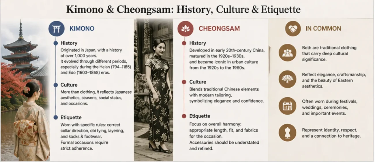Infographic comparing kimono vs cheongsam/qipao history, culture and etiquette