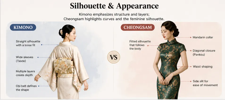 Infographic comparing the silhouette and appearance of Kimono vs Cheongsam (qipao). It highlights key design differences: the Kimono features a straight, loose silhouette, wide tsode sleeves, layered structure, and obi belt that defines its shape. In contrast, the Cheongsam (qipao) showcases a fitted, body-hugging silhouette with a mandarin collar, diagonal frog button closure, waist shaping, and a functional side slit. This visual guide explains how the two garments reflect distinct cultural design philosophies.