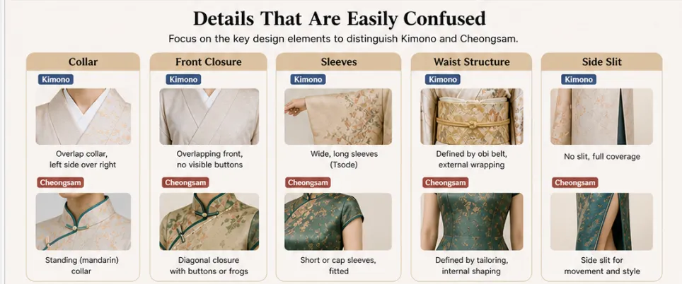 Educational infographic distinguishing Kimono vs Qipao (Cheongsam) through easily confused key design elements. It compares 5 core features: Collar (Kimono overlap collar vs Cheongsam mandarin stand collar), Front Closure (Kimono hidden overlap vs Cheongsam diagonal frog button closure), Sleeves (Kimono wide long sleeves vs Cheongsam short fitted sleeves), Waist Structure (Kimono obi belt vs Cheongsam internal tailored shaping), and Side Slit (Kimono full coverage vs Cheongsam functional slit). This visual guide helps users clearly identify the unique traits of each traditional garment.
