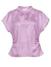 Flat lay view of a lavender women's modern mulberry silk cheongsam shirt, displaying the sleek silhouette, stand collar, and subtle side ruching of this stylish short sleeve qipao top.