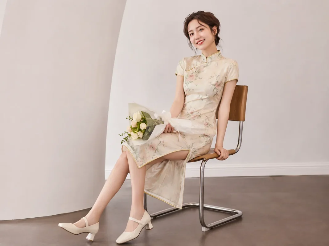 Sweet light apricot floral midi casual cheongsam with white block heel Mary Jane shoes for daily outings