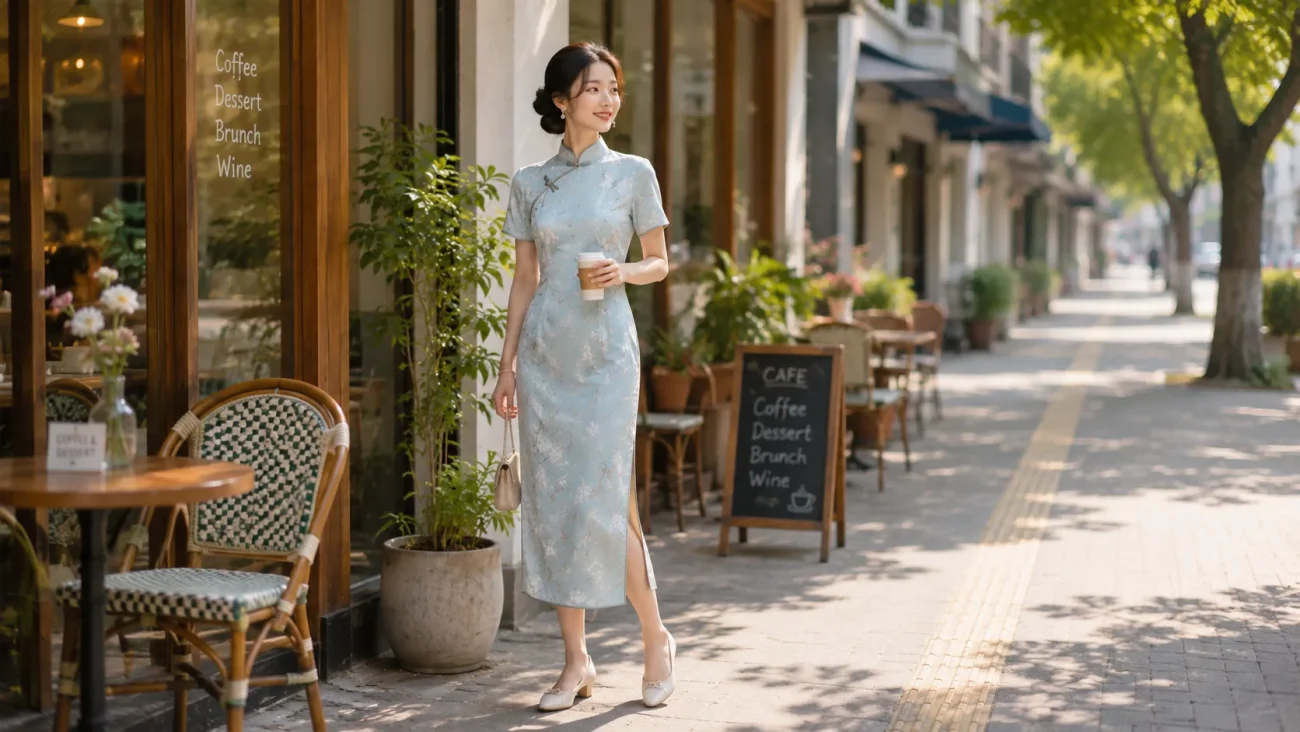 Can you wear qipao everyday? A woman in a light blue modern cheongsam holding coffee outside a cozy cafe, showing casual and stylish everyday qipao outfit ideas.