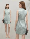 Dual view of a light blue modern Chinese sleeveless short cheongsam dress, showing the front silhouette with frog buttons and the clean back design.