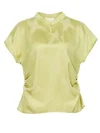 Flat lay shot of a light green women's modern Chinese mulberry silk cheongsam shirt, showing the full design including stand collar, short sleeves, and subtle waist ruching of this stylish qipao top.