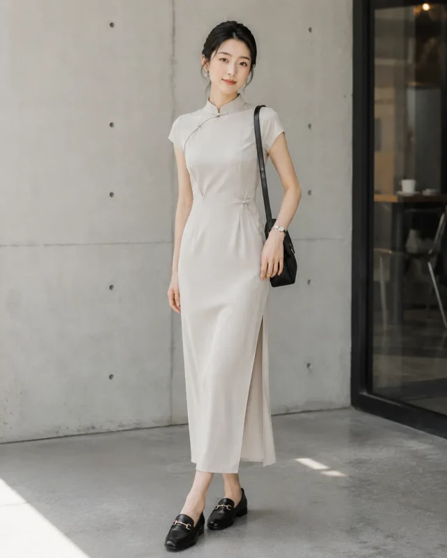 Stylish black loafers, modern commuting shoes for minimalist solid cheongsam