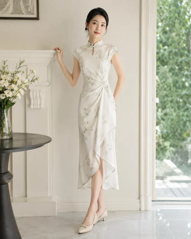 Elegant low cut pumps, versatile shoes to pair with modern floral midi cheongsam