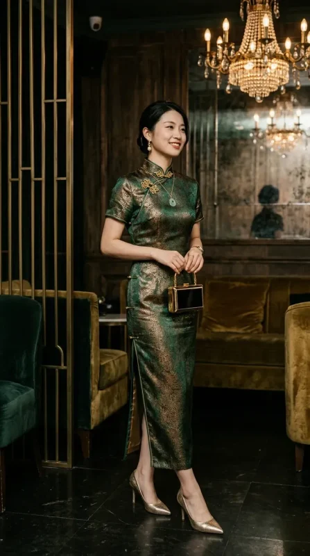 Luxury dark green gold brocade long cheongsam qipao with gold pointed toe heels for formal evening banquet