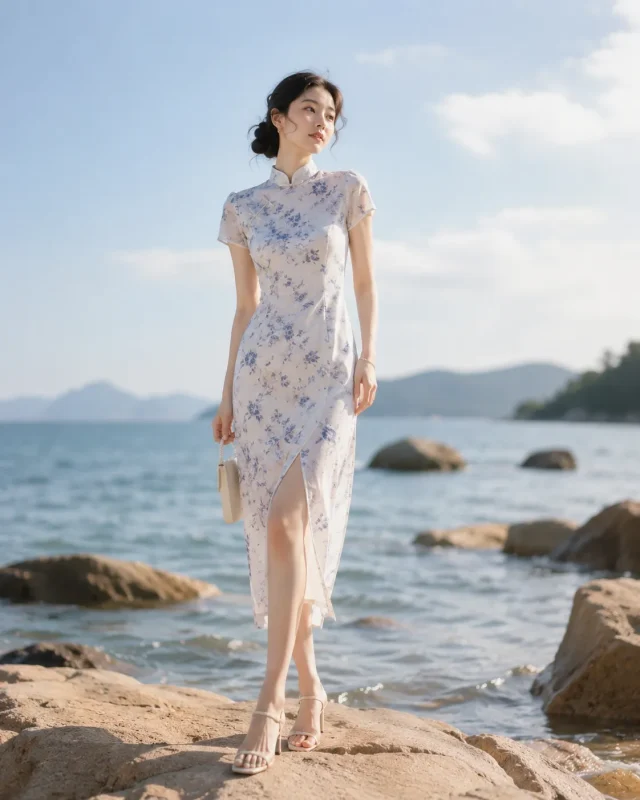 Minimalist nude strappy sandals for seaside vacation blue floral cheongsam