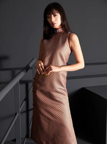 Modernized Chinese Caramel Jacquard Midi Qipao Dress - Sleeveless High Collar Elegant Qipao for Women, Front View of Contemporary Qipao Fashion with Geometric Pattern