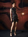 Full-body studio shot of model in form-fitting ink black modern Chinese silk mini cheongsam dress, featuring a high front slit, tailored silhouette, and elegant styling with strappy heels.