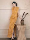Modern Chinese Yellow Cheongsam Wedding Dress - Elegant two-piece yellow cheongsam chinese outfit, with a sleeveless mandarin collar brocade vest and high-slit maxi skirt, adorned with pearl tassel frog buttons and floral jacquard texture, styled in a minimalist studio for modern weddings and formal occasions.