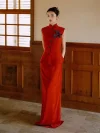 Modern Dark Red Chinese Slim Fit Qipao Dress, woman standing in two-piece sleeveless mandarin collar vest and maxi skirt set with purple flower detail, elegant modern qipao dresses in warm wood-paneled interior, formal traditional chinese outfit