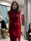 Modern Red Silk Wedding Cheongsam - Full-body shot of woman in form-fitting red silk cheongsam dress, featuring mandarin collar, sleeveless design, side slit, and traditional frog buttons, modern cheongsam for wedding or formal occasions.