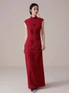Women's Modified Chinese Red Qipao Dress - Form-fitting sleeveless red qipao dress with 3D rose appliques and hanging tassels, woman in modern chinese dress qipao posing in minimalist studio, elegant maxi style for weddings or formal events