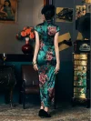 Back view of a vintage Old Shanghai peony cheongsam made of 19 Mome mulberry silk, showing the high collar and back zipper design, with the model's hair styled in a classic updo.