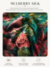 Mulberry silk fabric closeup of vintage green qipao, showing detailed peony print and smooth texture of natural silk