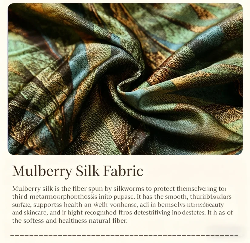 Close-up detail shot of mulberry silk fabric used for shanghai style qipao, showing the rich green and gold leaf print texture and smooth, lustrous surface.