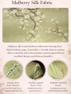 Close-up of the mulberry silk fabric used for the green cheongsam dress, showing the delicate magnolia print, smooth lustrous texture, and traditional craftsmanship details like handcrafted knot buttons and double-layered sleeves.
